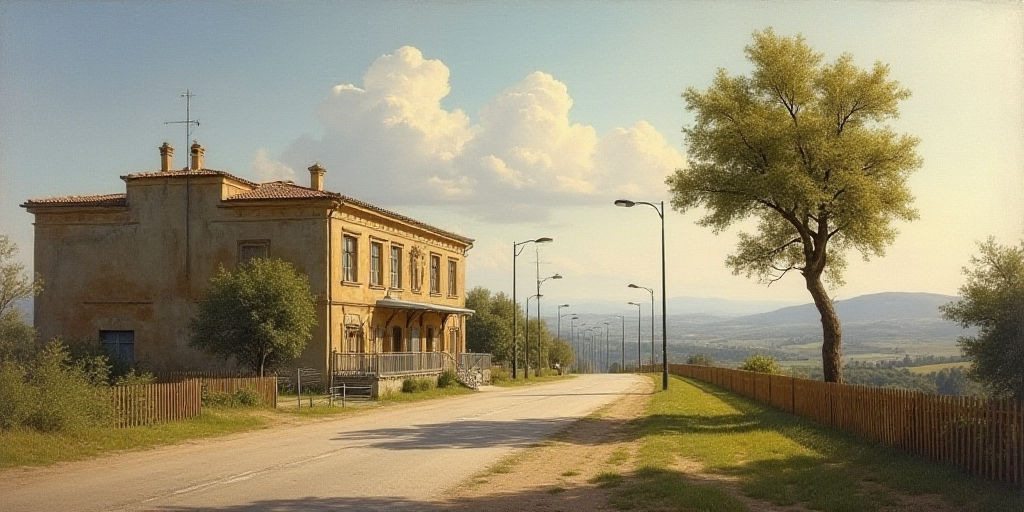 a building with a fence around it and a street light in front of it and a tree in front of it, Engue