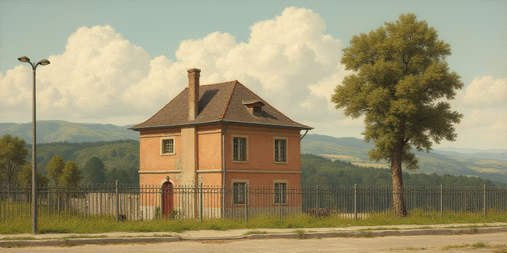a building with a fence around it and a street light in front of it and a tree in front of it, Engue