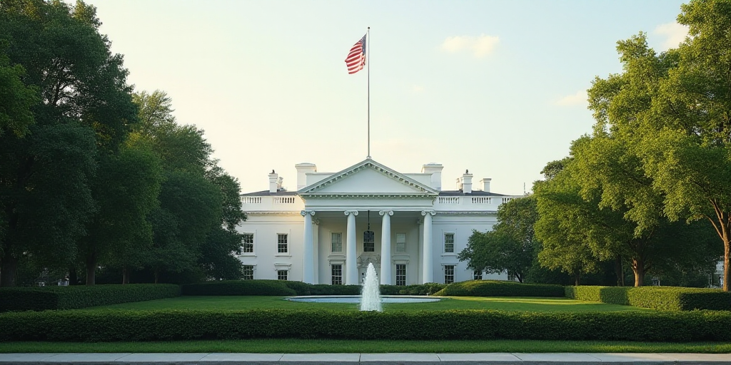 a building with a flag on top of it surrounded by trees and bushes in front of it is a white buildin