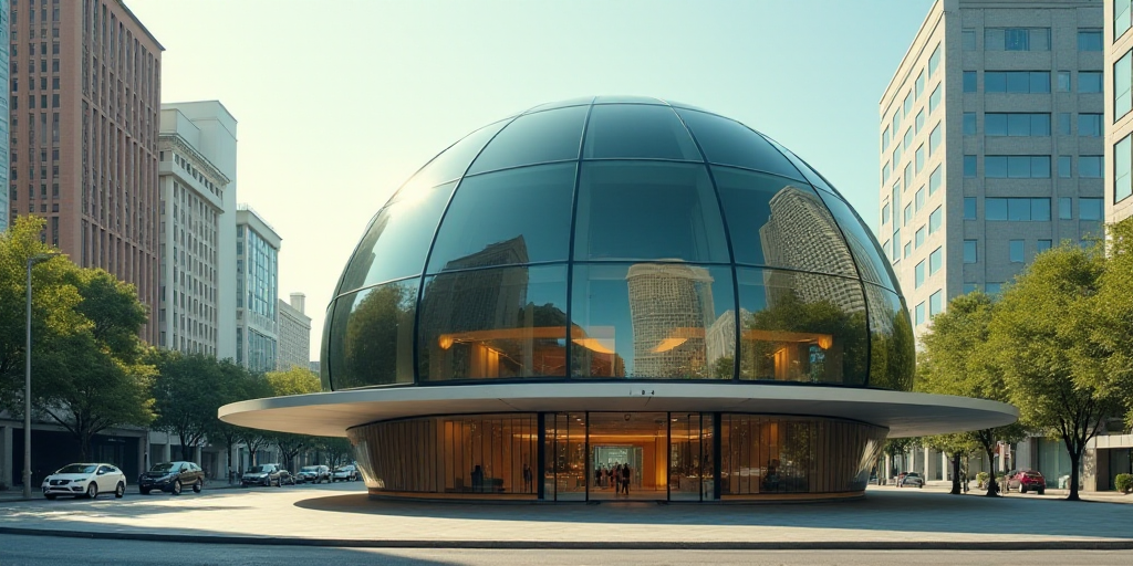 a building with a glass dome on top of it in a city street with tall buildings in the background, Ca