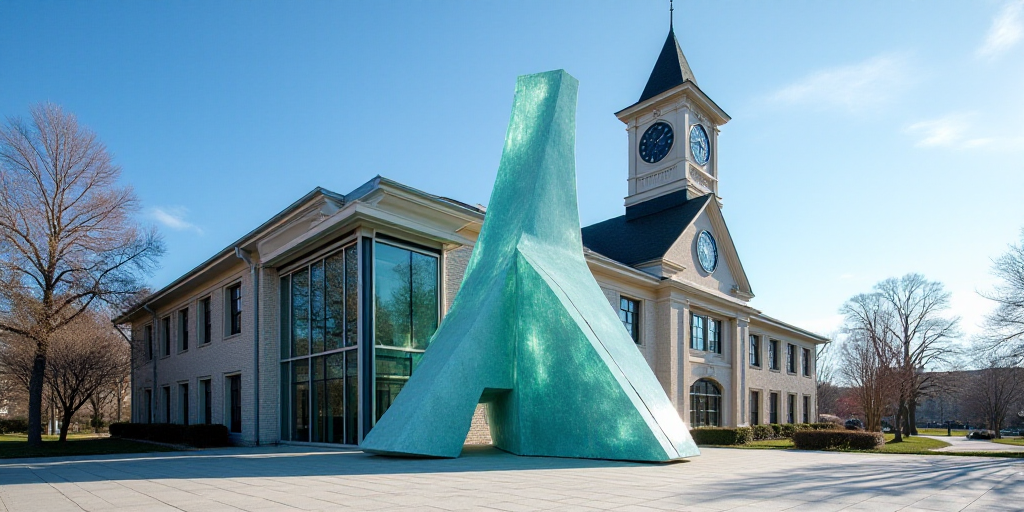 a building with a glass front and a clock tower in the background with a blue sky in the background,