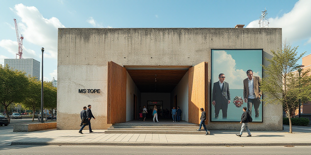a building with a large advertisement on the side of it's door and people walking out of it, Eduardo