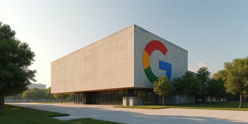 a building with a large google logo on it's side and trees in front of it and a tree in front of it,