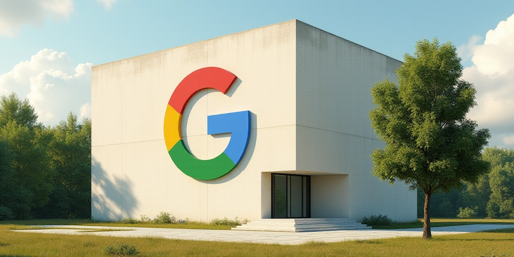 a building with a large google logo on it's side and trees in front of it and a tree in front of it,