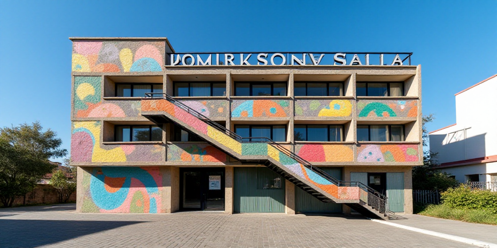 a building with a large sign on the side of it's roof and stairs leading up to it, Emilio Grau Sala,