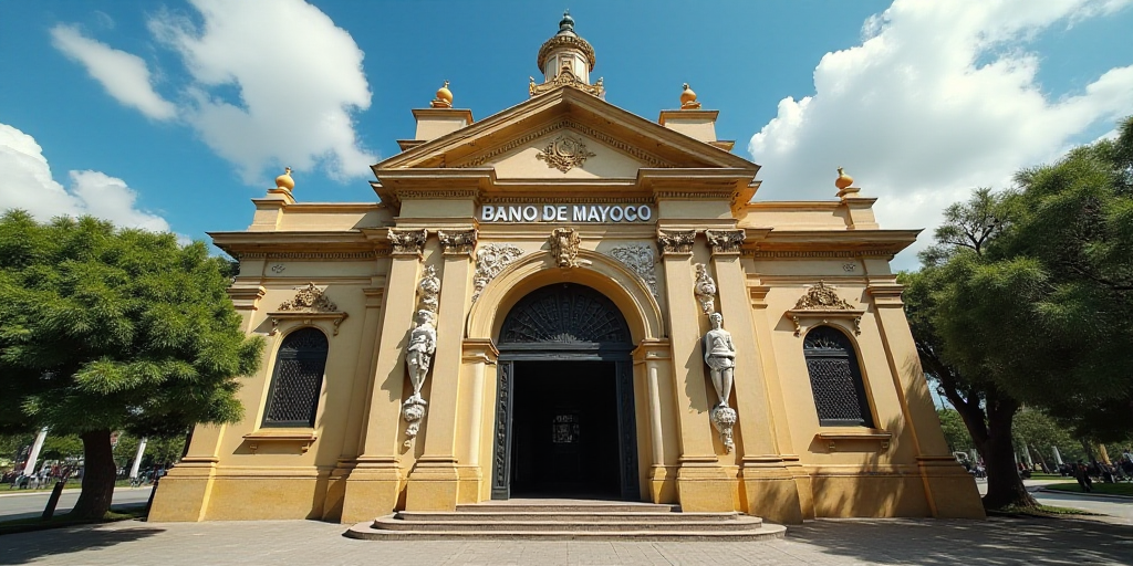 a building with a statue of a man on the front of it and a sign that says bano de mayoco, Carlos Fra