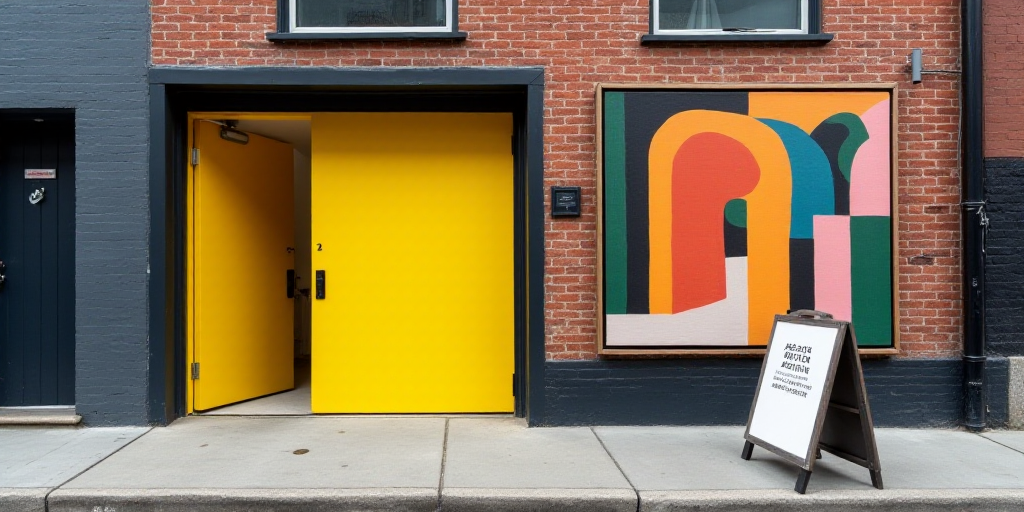 a building with a yellow door and a sign on the sidewalk in front of it that says, the door is open,