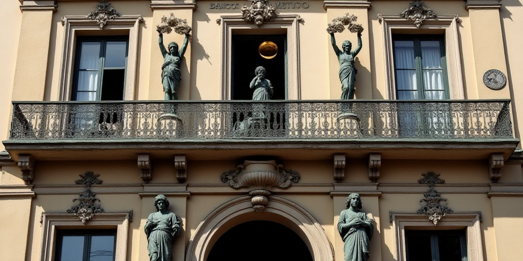 a building with statues on the front of it and a balcony above it that says banco - metico, Carlos F
