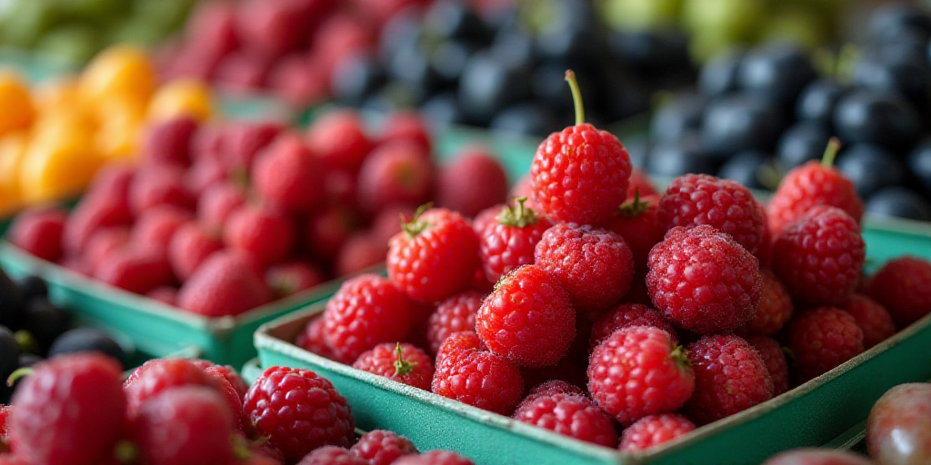 a bunch of berries are in a box together for sale at a market stall or sale place, with other berrie