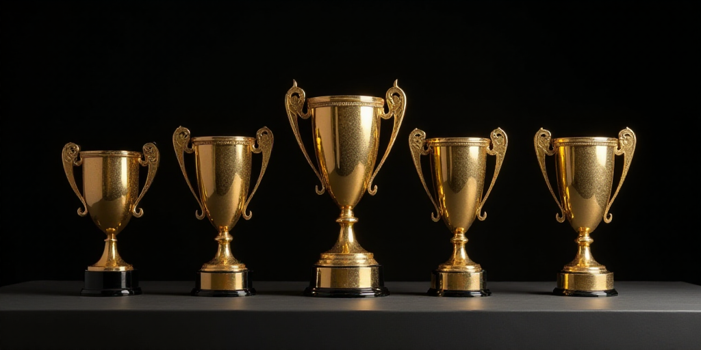 a bunch of golden trophies sitting on top of a table next to each other on a table top with a black