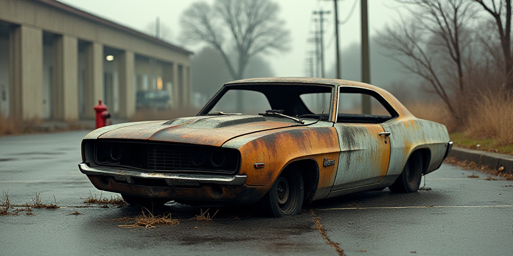 a burned out car in a parking lot with a fire hydrant in the background and a building in the foregr