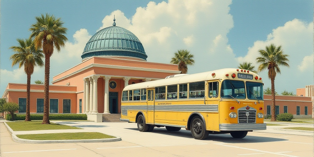 a bus is parked in front of a building with a glass dome on top of it and palm trees in front of it,