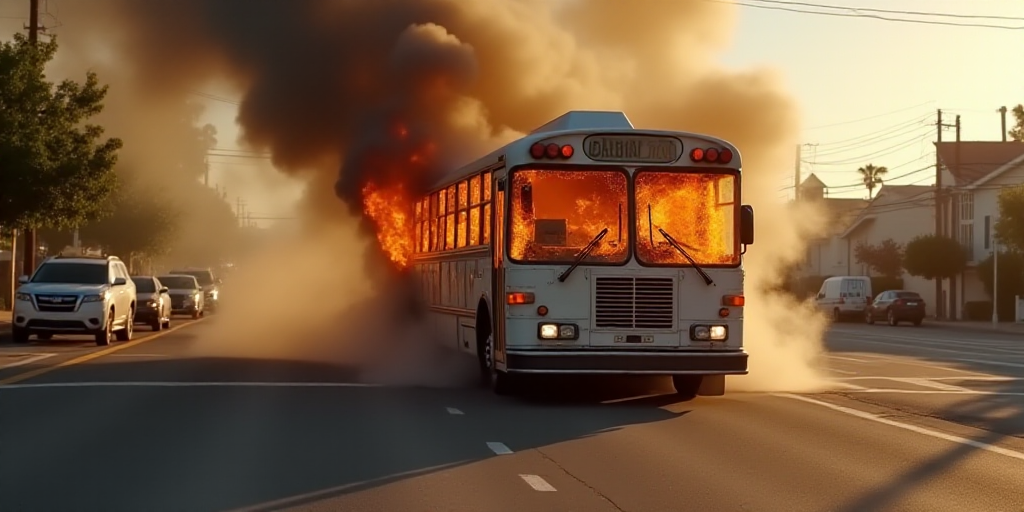 a bus that is on fire on the street with a lot of smoke coming out of it's back, Elbridge Ayer Burba