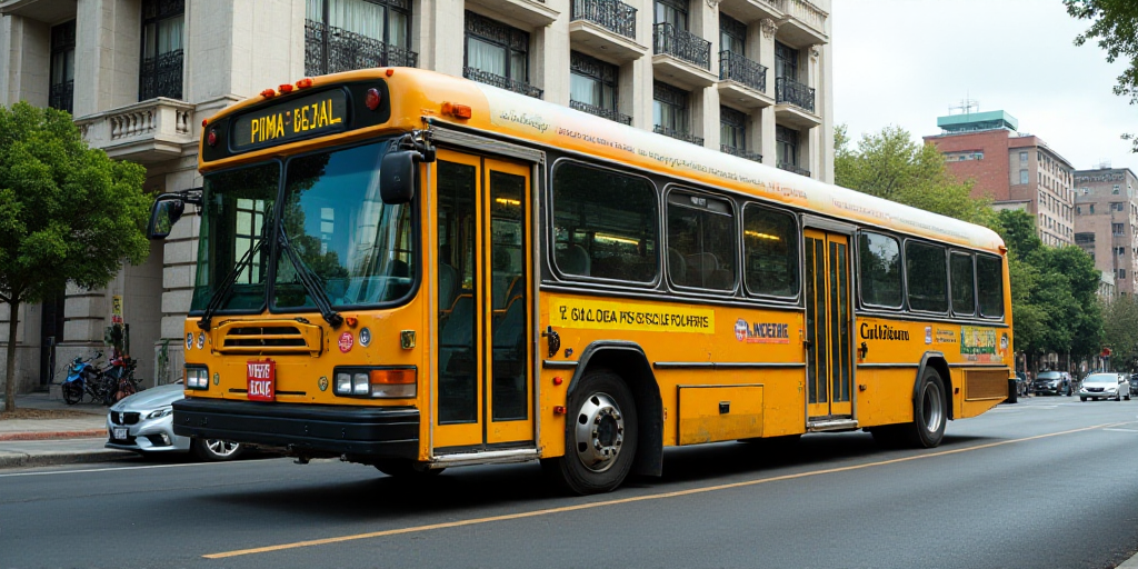 a bus with a sign on the side of it on a city street in mexico, with a building in the background, E