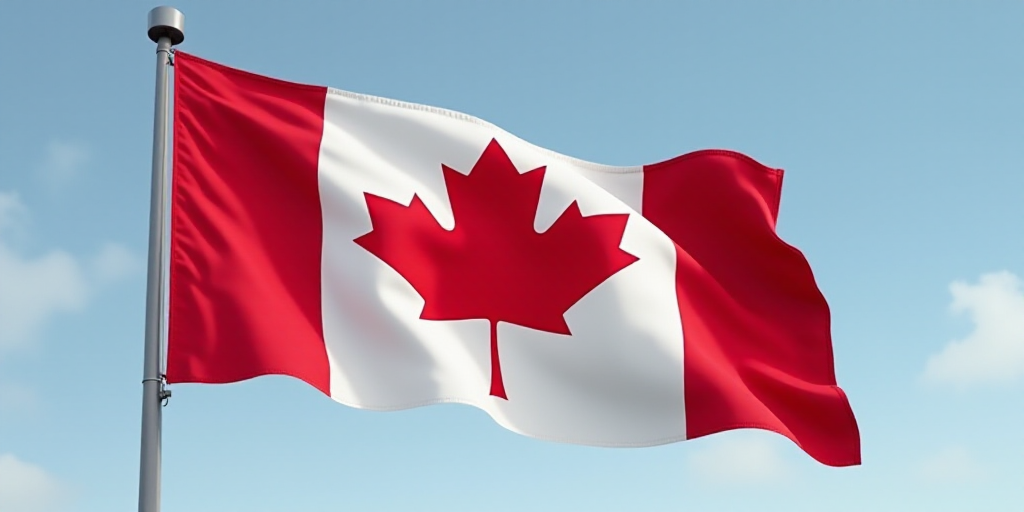 a canadian flag flying in the wind with a white and red maple leaf on it's side and a gray pole, Anc