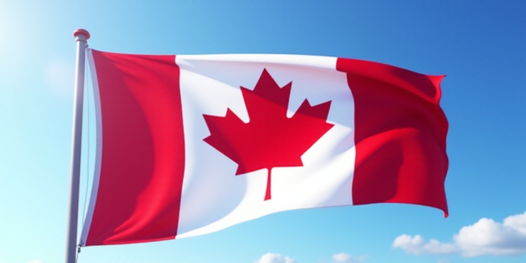 a canadian flag flying in the wind with a blue sky in the background and a red and white maple leaf,