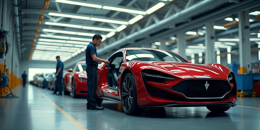 a car being assembled in a factory with workers working on it's cars and a worker standing next to i
