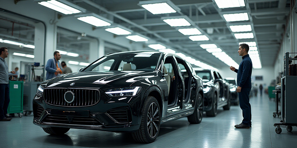 a car being assembled in a factory with workers working on it's cars and a worker standing next to i