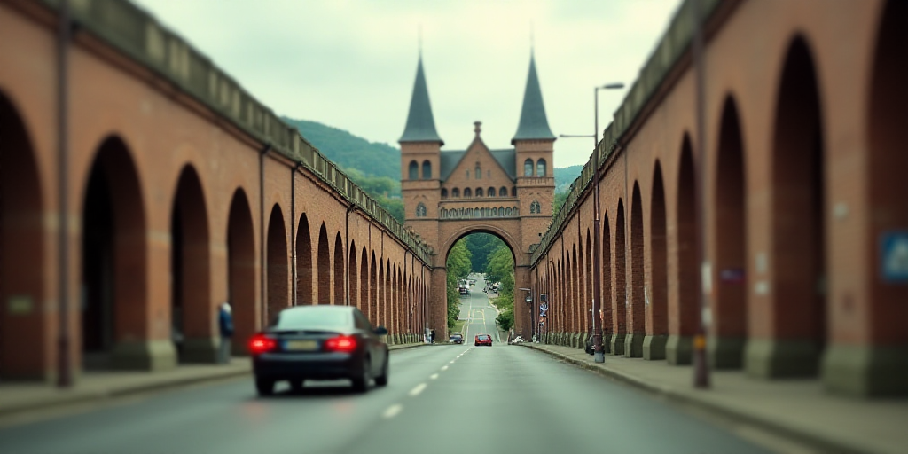a car driving down a street next to a tall brick bridge with arches on it's sides and a city in the