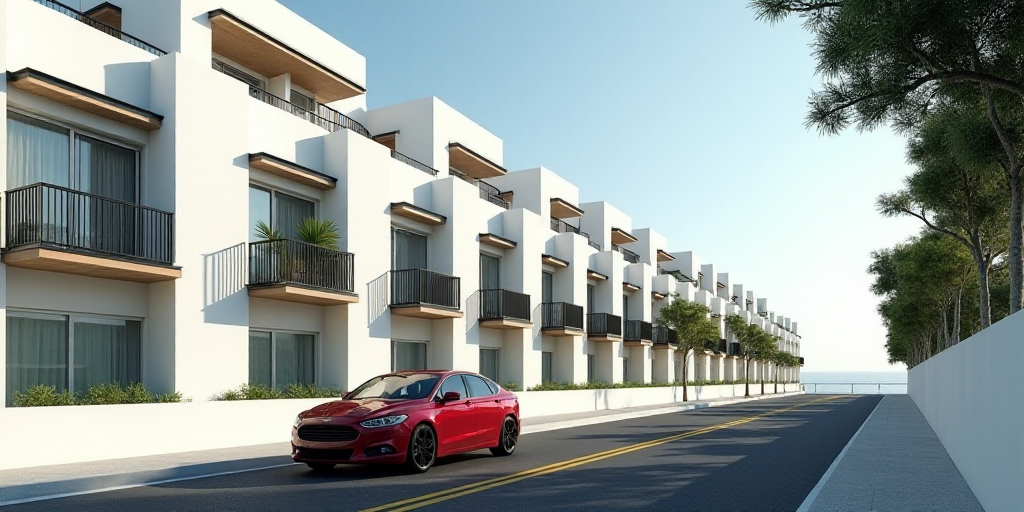 a car driving down a street next to a row of white buildings with balconies on the windows, Enguerra