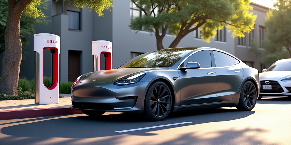 a car is parked in front of a tesla charging station in a city street with a white van parked in fro