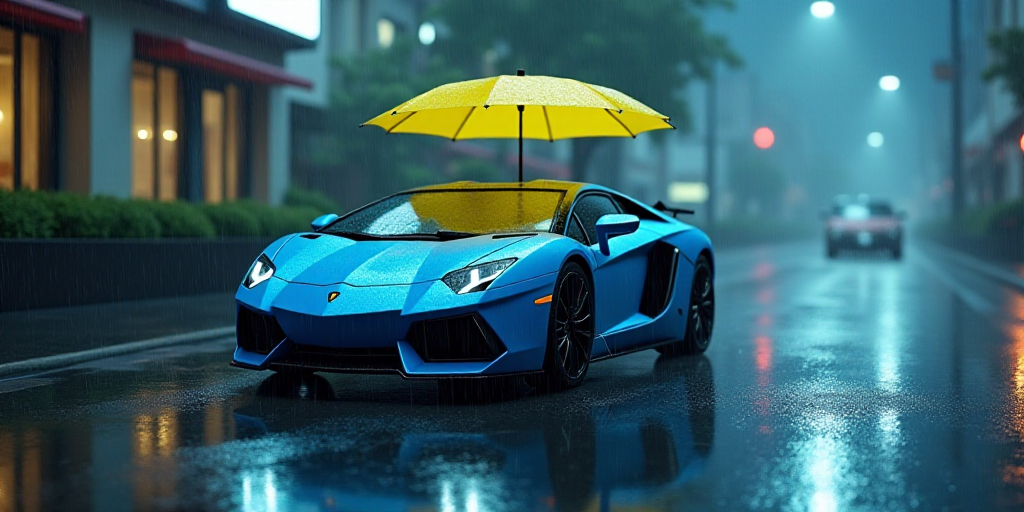 a car is parked in the rain with a yellow umbrella over it and a blue car is parked in the rain, Bee