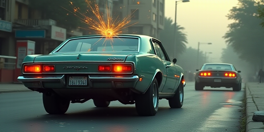 a car with a bullet hole in the windshield and a car with a bullet hole in the front window, Bouchta