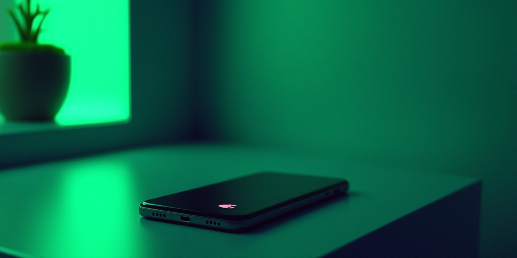 a cell phone with a logo on it sitting on a table next to a wall with a neon green glow, Andries Sto