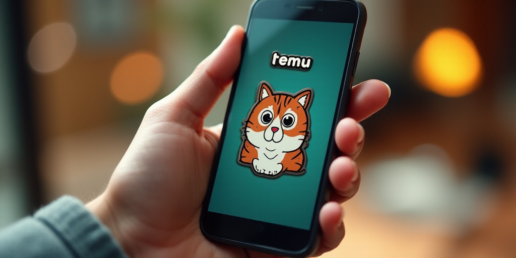 a cell phone with a temu sticker on it's screen and a picture of a cat, Ben Enwonwu, promotional ima
