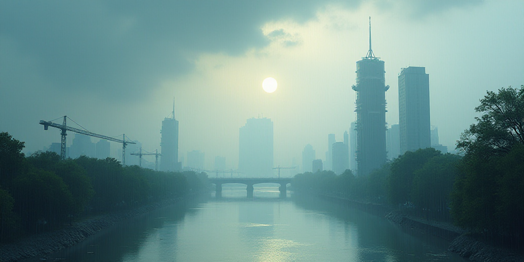 a city skyline with a crane in the distance and a river running through it in the foreground, and a