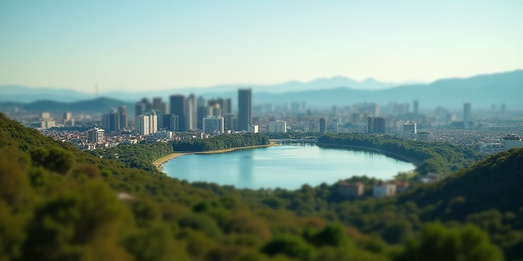 a city skyline with a lake in the foreground and trees in the foreground, and a city in the backgrou