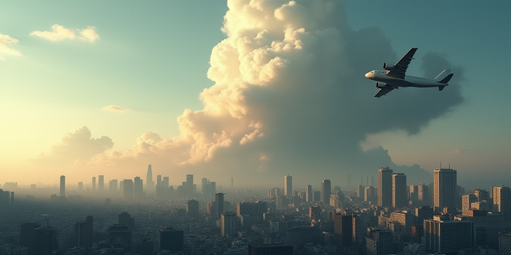 a city skyline with a large cloud of smoke in the sky and a plane flying in the foreground, Cao Zhib