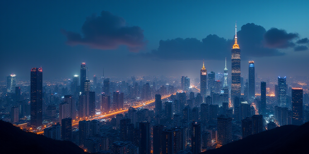 a city skyline with a lot of tall buildings at night time with lights on them and a few clouds in th