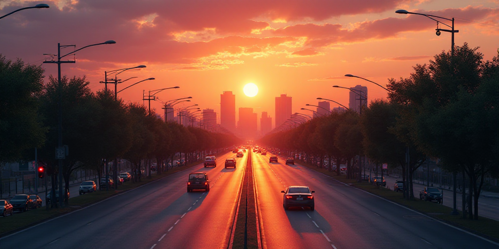 a city street with a few cars driving down it at sunset or dawn with a city skyline in the backgroun