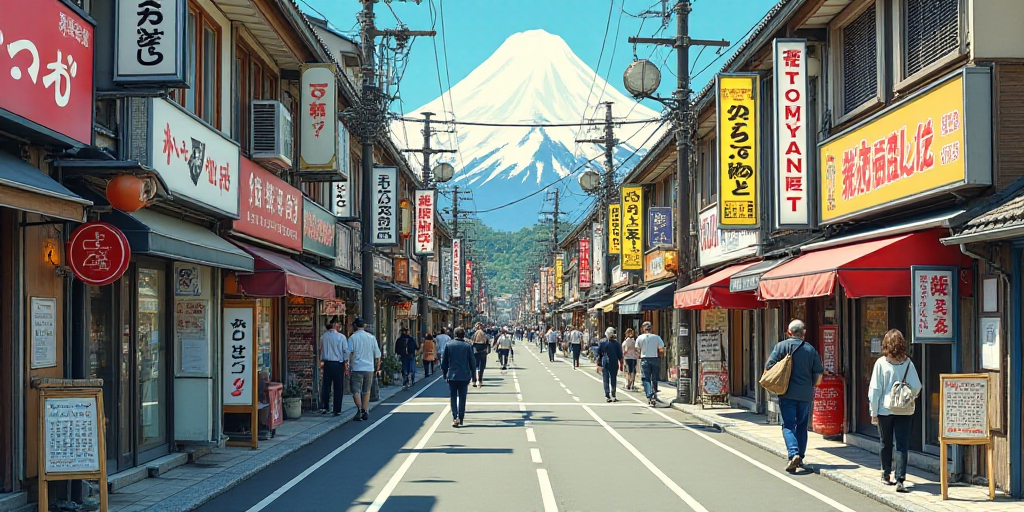 a city street with many signs and people walking down it and a lot of buildings in the background wi