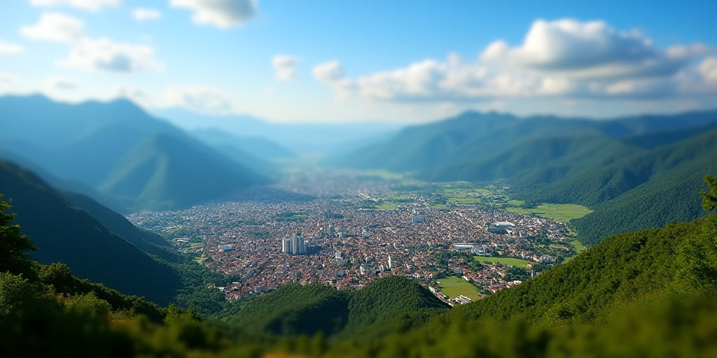 a city surrounded by mountains and trees in the middle of the day with a blue sky and clouds above,