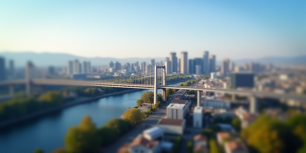 a city with a bridge and a bridge over it with a sky line above it and a city below, Aquirax Uno, bl