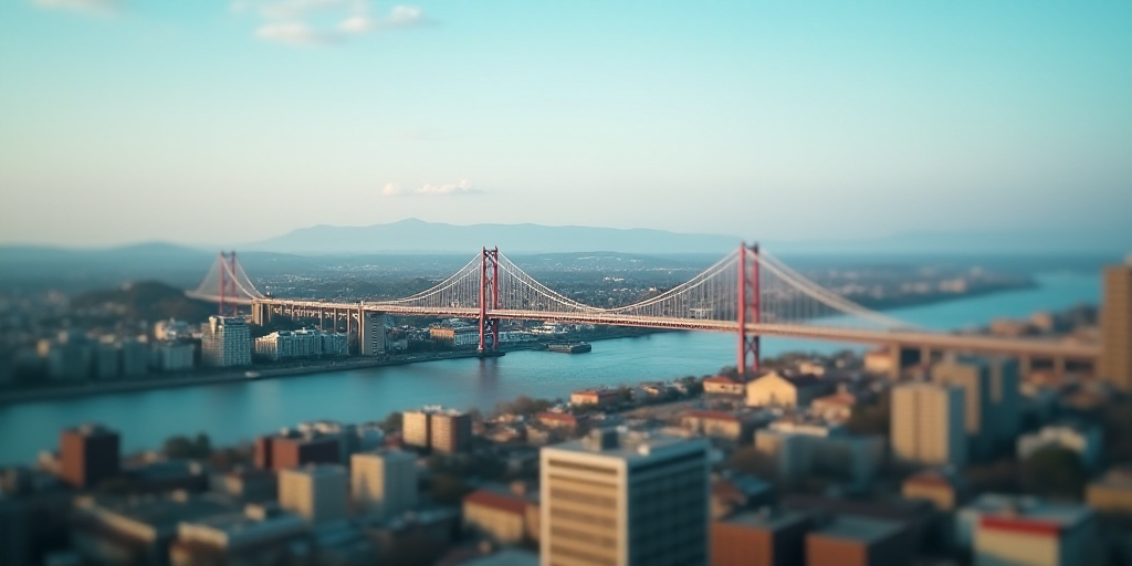a city with a bridge and a bridge over it with a sky line above it and a city below, Aquirax Uno, bl