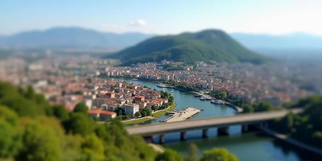 a city with a hill in the background and a bridge in the foreground with a bridge going across it, A
