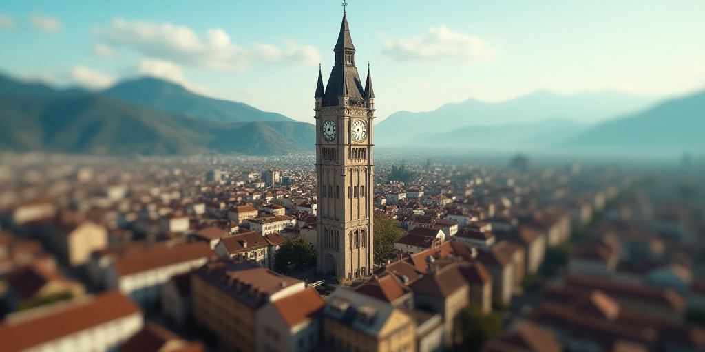 a city with a large clock tower in the middle of it's center surrounded by mountains and hills, Eddi