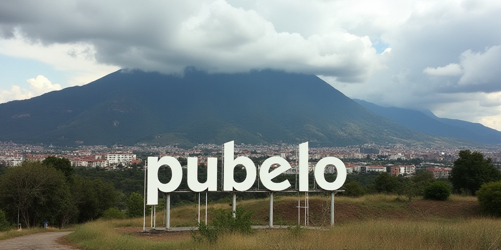 a city with a large sign that says pueblo in front of it and a mountain in the background with a clo