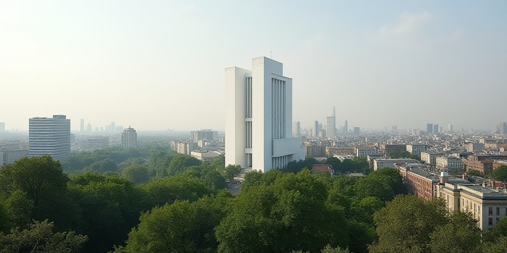 a city with a large white building in the background and trees in the foreground, and a few building
