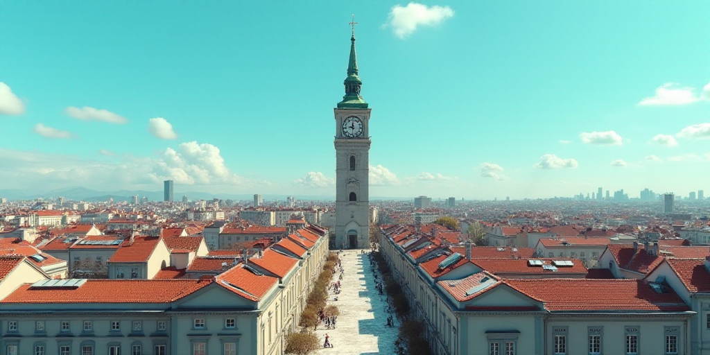 a city with a lot of buildings and a clock tower in the middle of it with a blue sky, Eduardo Lefebv