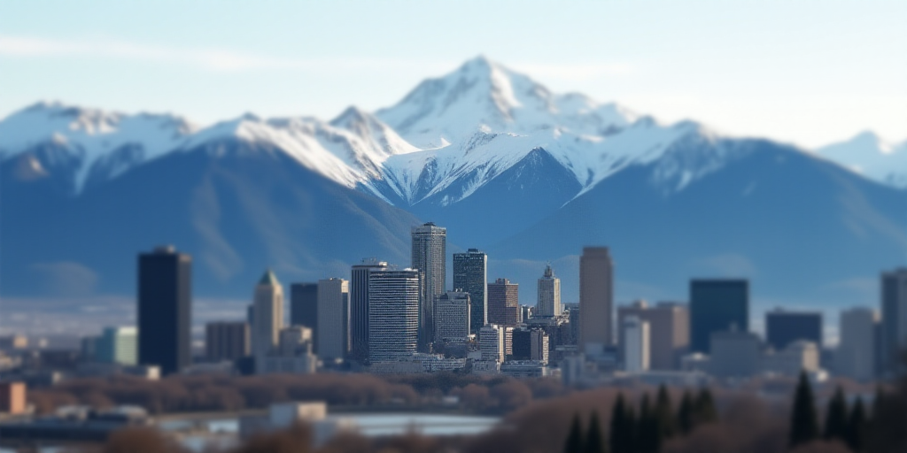 a city with a lot of tall buildings and mountains in the background with snow on the tops of the mou