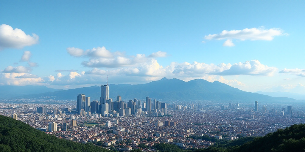 a city with a lot of tall buildings and mountains in the background with clouds in the sky and a blu