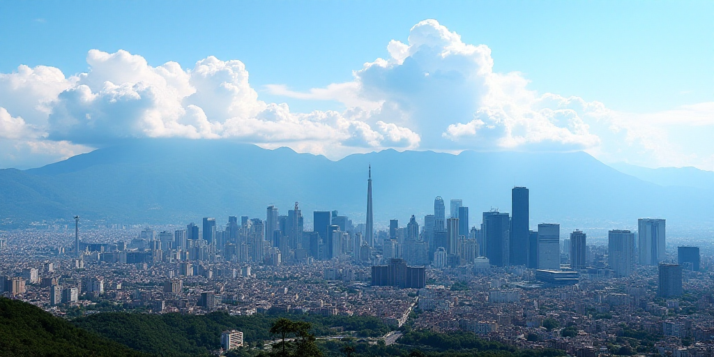 a city with a lot of tall buildings and mountains in the background with clouds in the sky and a blu