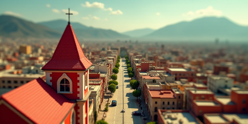 a city with a mountain in the background and a red building in the foreground with a red roof, Diego
