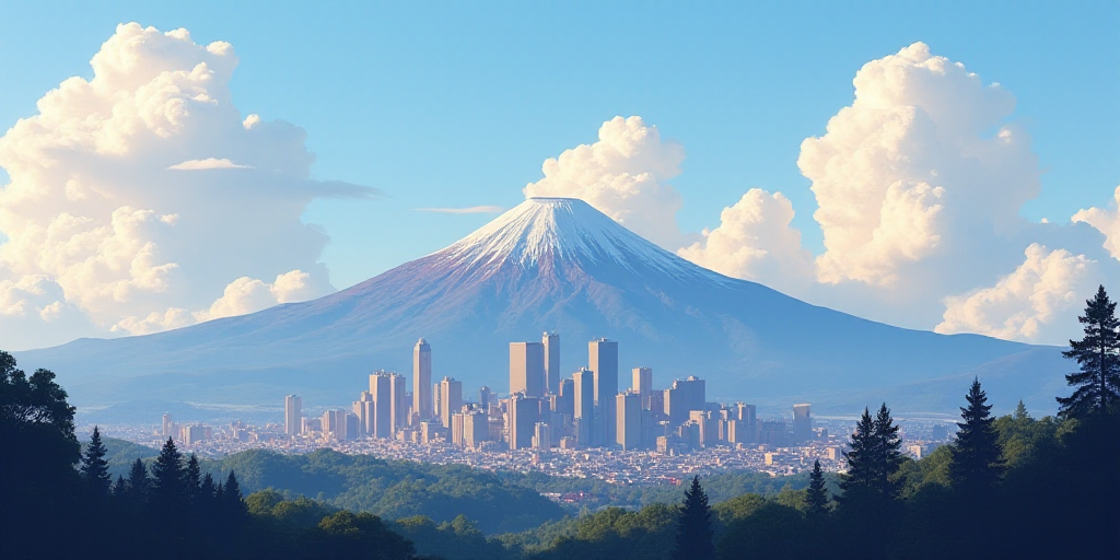 a city with a mountain in the background and clouds in the sky above it, with a cityscape in the for