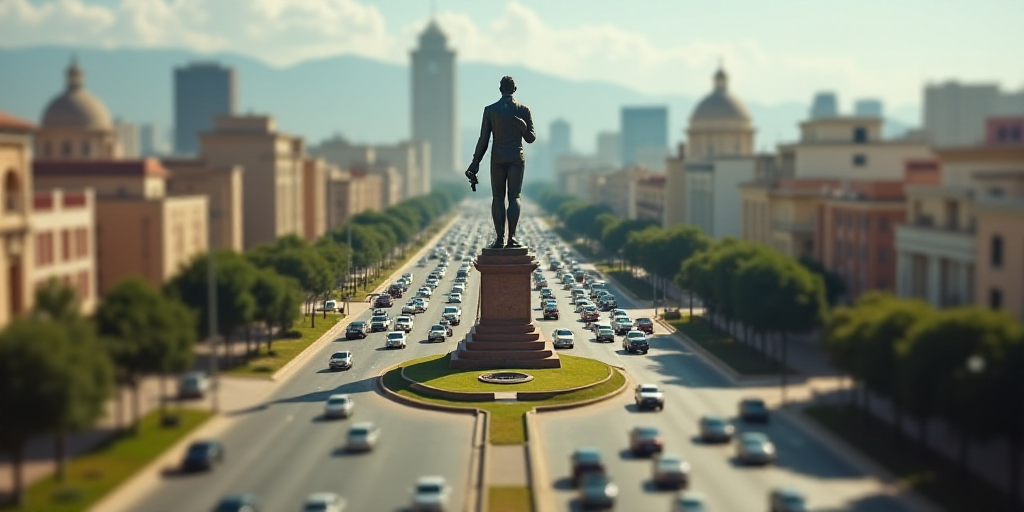 a city with a statue in the middle of it and a lot of cars driving around it in the foreground, Davi