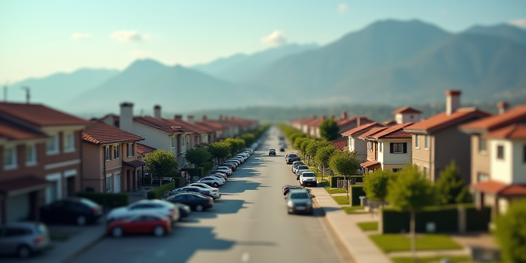 a city with lots of houses and cars parked in front of them and mountains in the background in the d